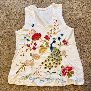 Johnny Was White Embroidered Floral Peacock Tank Top